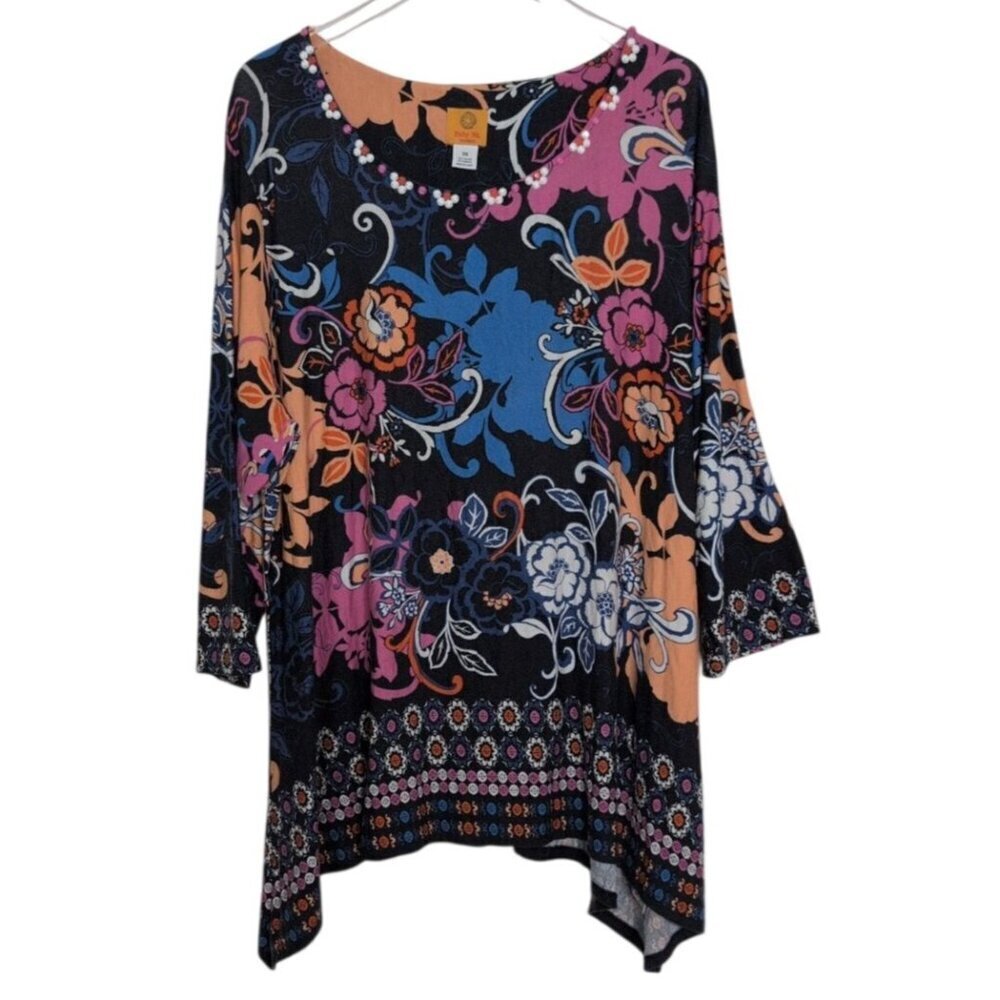 Ruby Rd Floral Beaded Tunic Womens Size 3X Blue Rayon Stretch Boho Sharkbite Hem